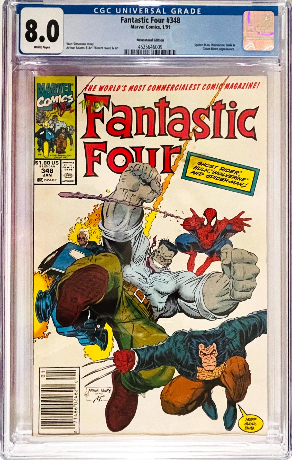 Fantastic Four issue 348 CGC 8.0 graded newsstand comic slab featuring Art Adams cover art of Spider-Man, Wolverine, Hulk, and Ghost Rider.