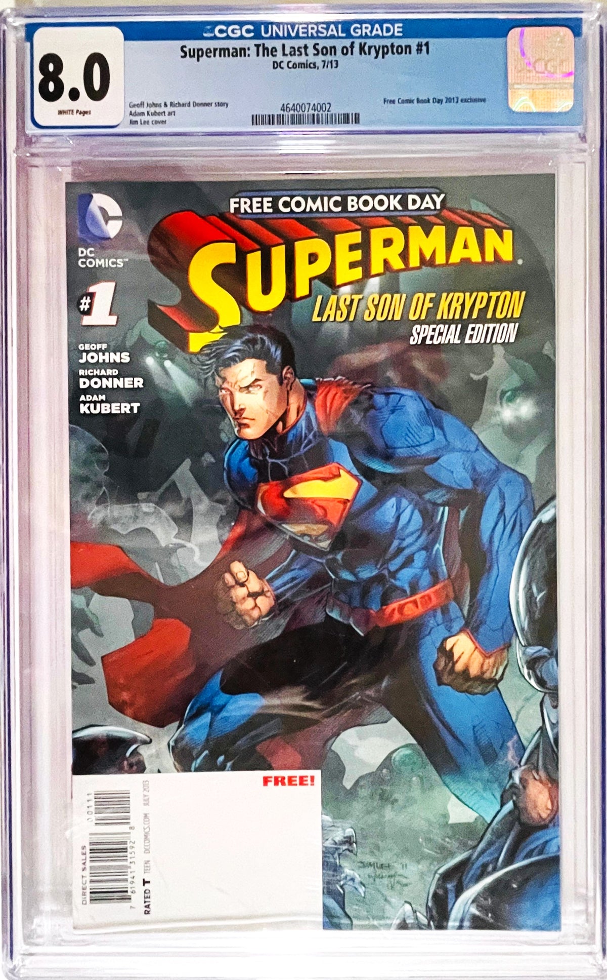 Superman The Last Son of Krypton issue 1 FCBD 2013 CGC 8.0 graded comic slab with Jim Lee cover art of Superman in action.