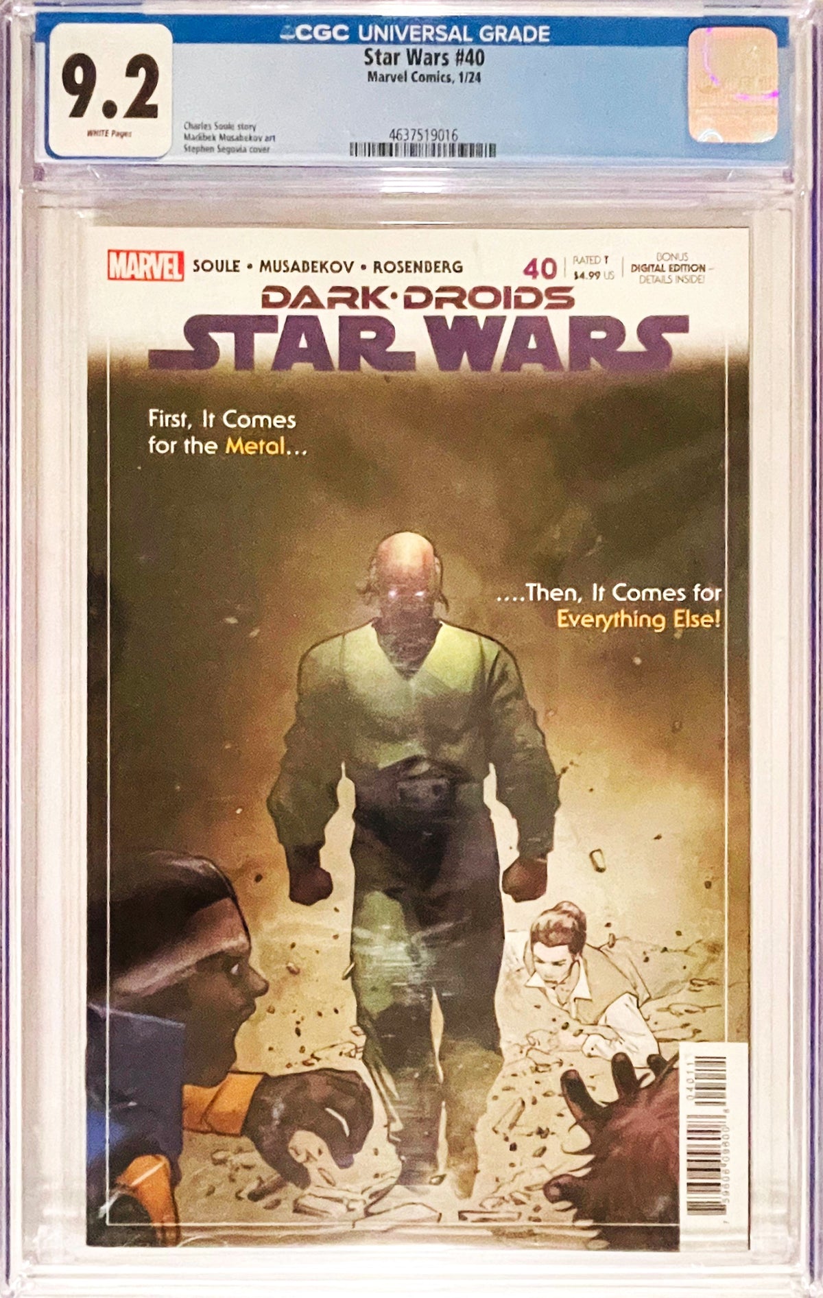 Star Wars issue 40 CGC 9.2 graded comic slab featuring Dark Droids tie-in cover art by Stephen Segovia of Lobot with glowing eyes.