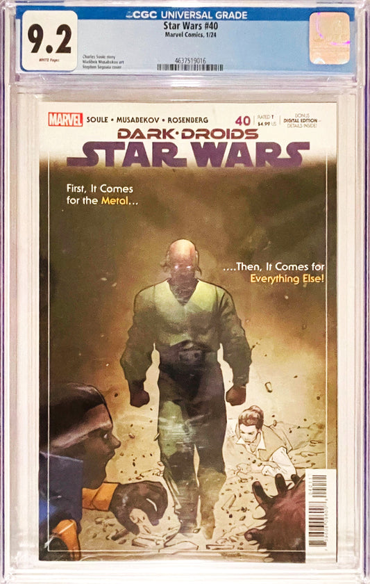 Star Wars issue 40 CGC 9.2 graded comic slab featuring Dark Droids tie-in cover art by Stephen Segovia of Lobot with glowing eyes.