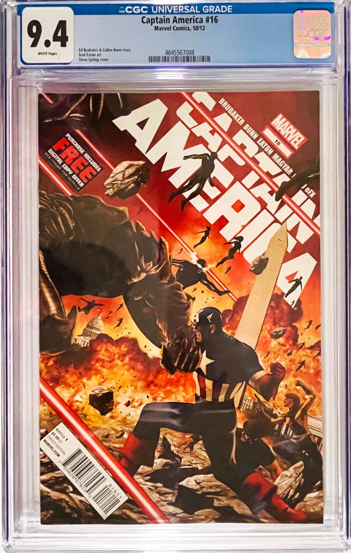 Captain America issue 16 CGC 9.4 graded comic slab featuring cover art by Steve Epting of Captain America fighting amidst fiery explosions