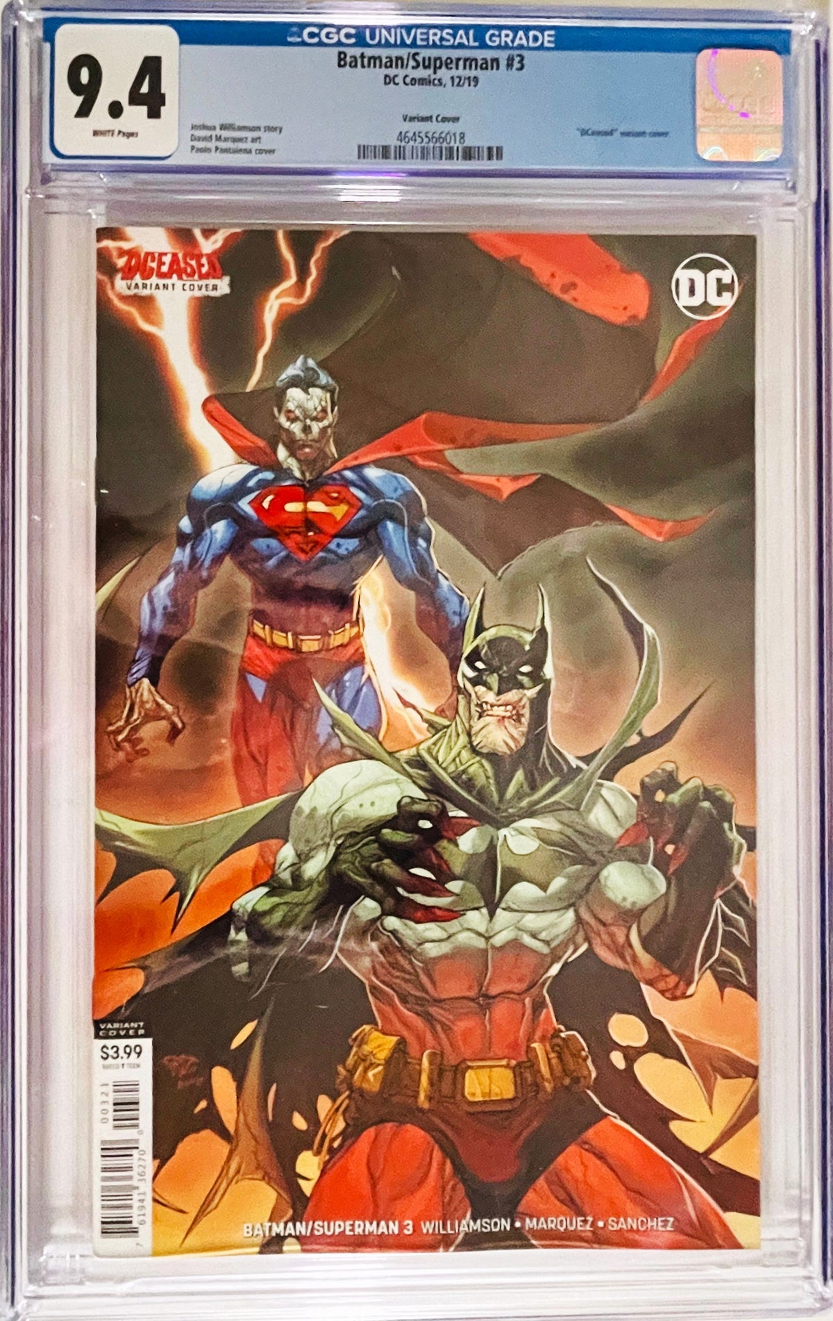 Batman Superman issue 3 CGC 9.4 graded comic slab featuring DCeased zombie variant cover art by Paolo Pantalena of Batman and Superman.