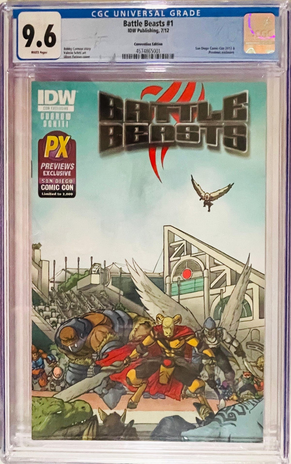 Battle Beasts issue 1 CGC 9.6 graded SDCC 2012 exclusive comic slab featuring cover art by Ulises Farinas of armored beasts assembled.
