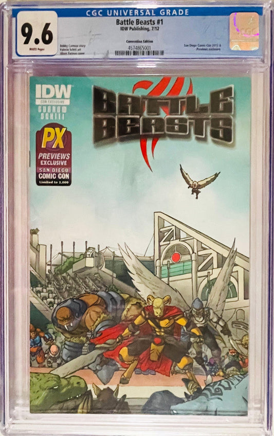 Battle Beasts issue 1 CGC 9.6 graded SDCC 2012 exclusive comic slab featuring cover art by Ulises Farinas of armored beasts assembled.