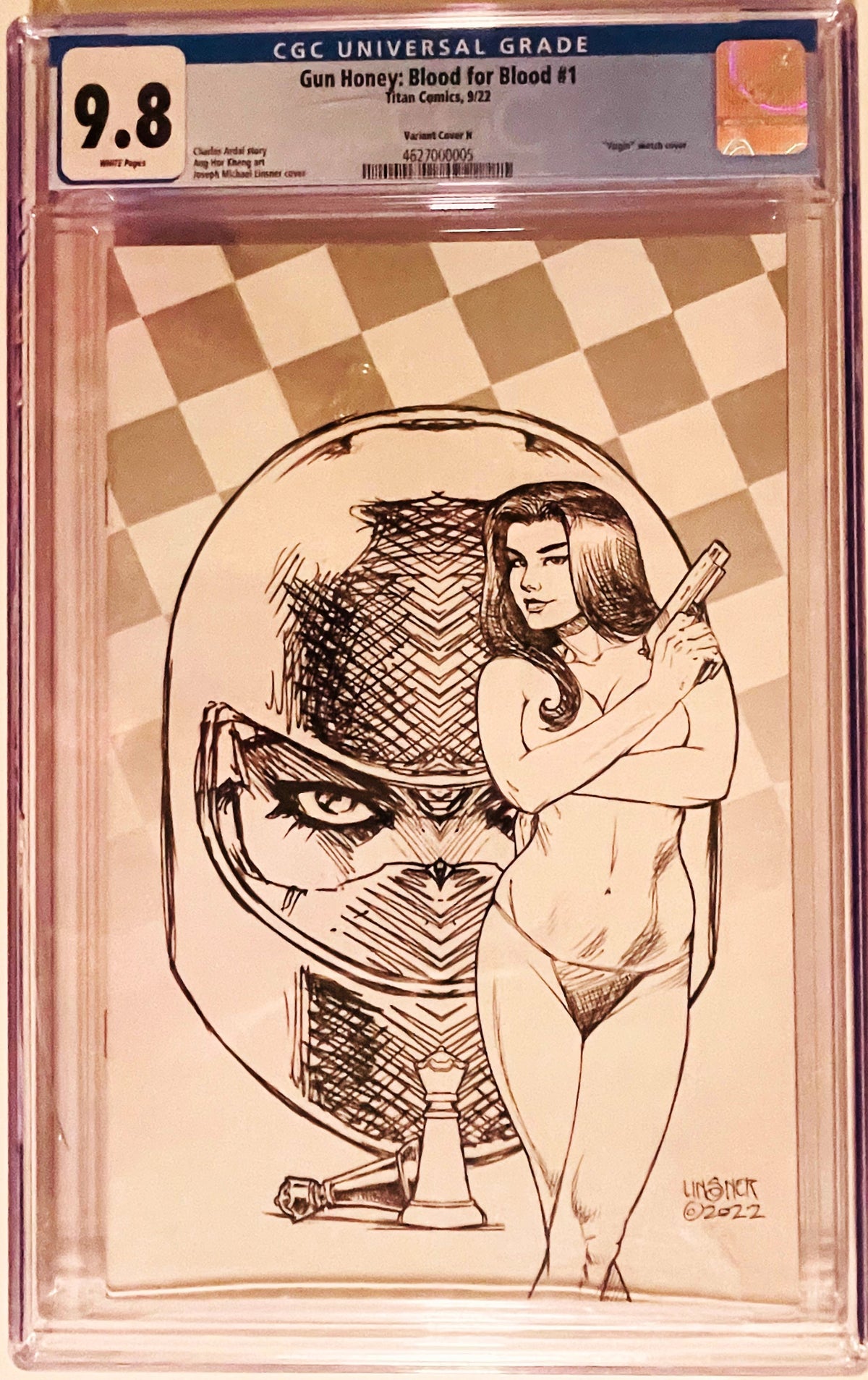 Gun Honey Blood for Blood issue 1 CGC 9.8 graded comic slab featuring Joseph Michael Linsner virgin sketch variant cover art of Joanna Tan.