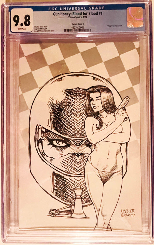 Gun Honey Blood for Blood issue 1 CGC 9.8 graded comic slab featuring Joseph Michael Linsner virgin sketch variant cover art of Joanna Tan.