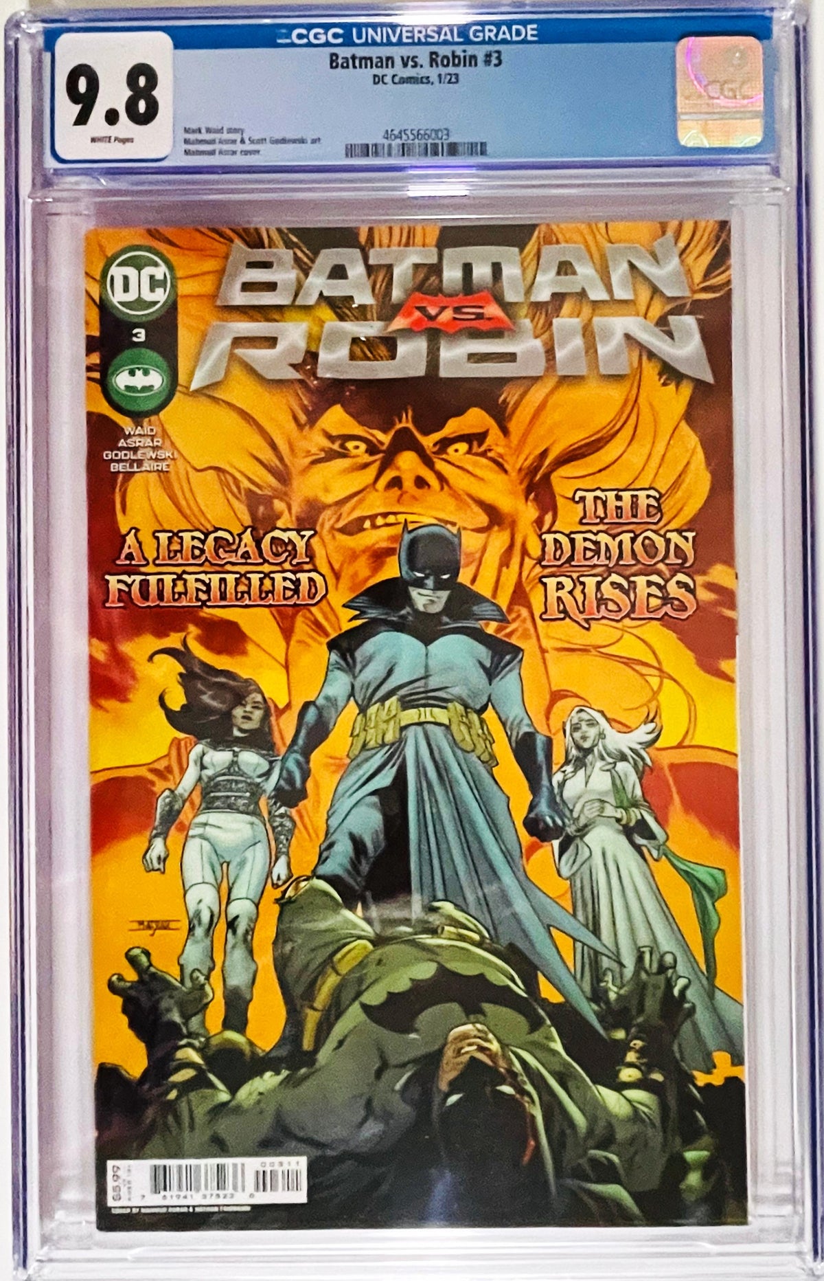 Batman vs Robin issue 3 CGC 9.8 graded comic slab featuring cover art by Mahmud Asrar of Damian Wayne standing over a fallen Batman.