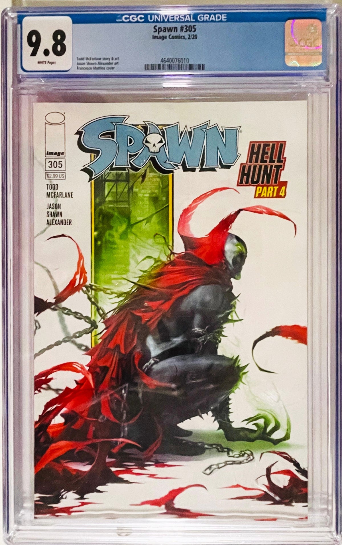 Spawn issue 305 CGC 9.8 graded comic slab featuring Francesco Mattina variant cover art of Spawn crouched with flowing red cape.