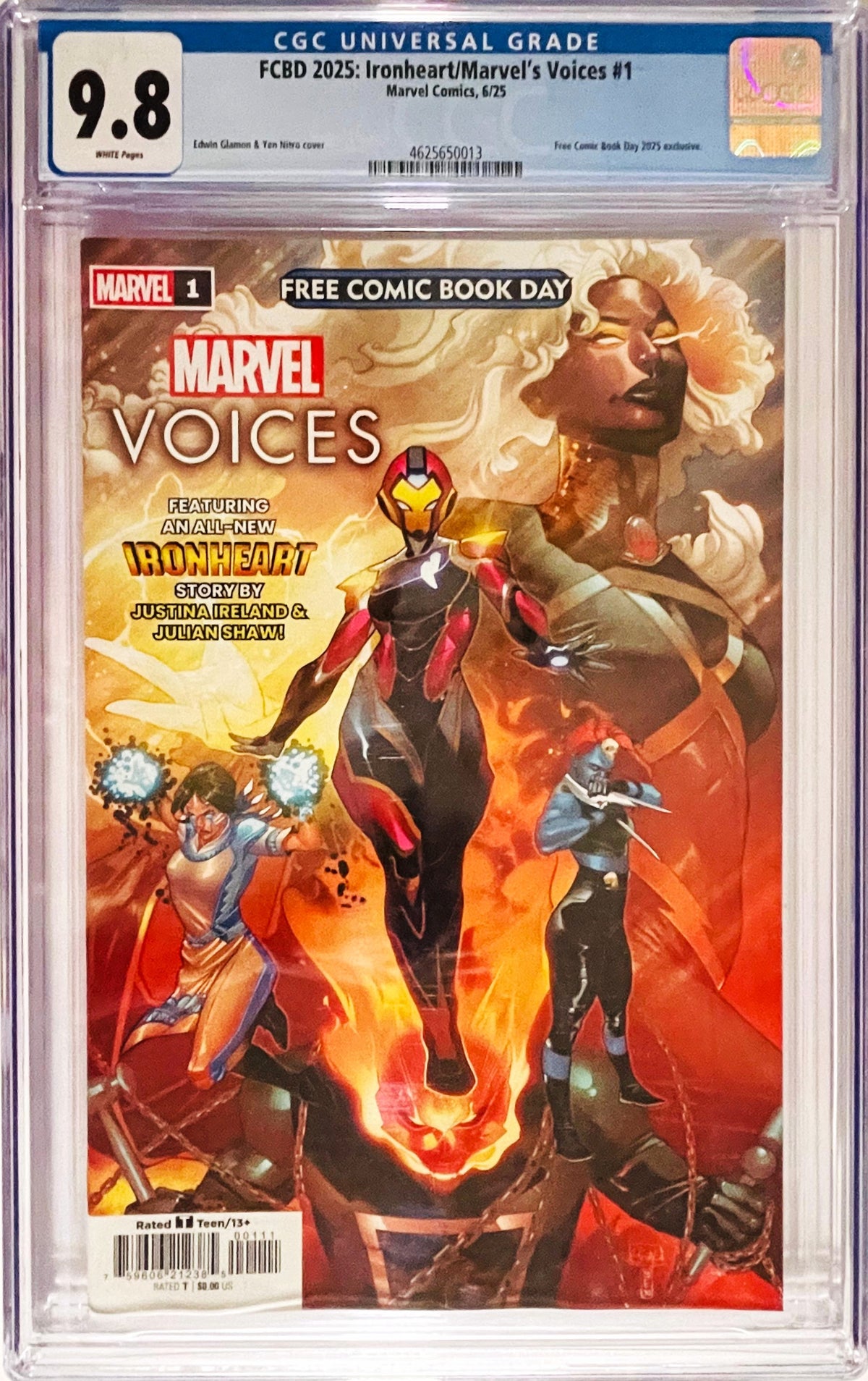 FCBD 2025 Ironheart Marvel Voices issue 1 CGC 9.8 graded comic slab featuring cover art by Edwin Galmon of Ironheart, Storm, Ms Marvel, and Ghost Rider.