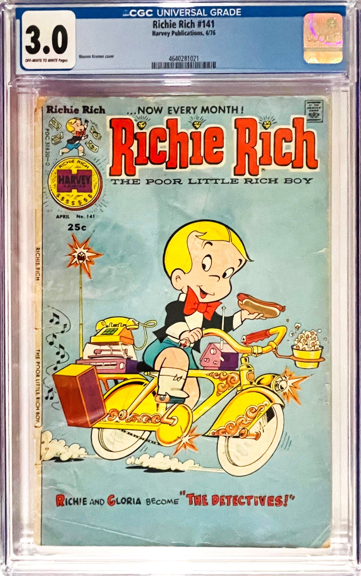 Richie Rich #141 April 1976 Harvey Comics CGC 3.0 slabbed comic featuring Richie Rich riding a bicycle