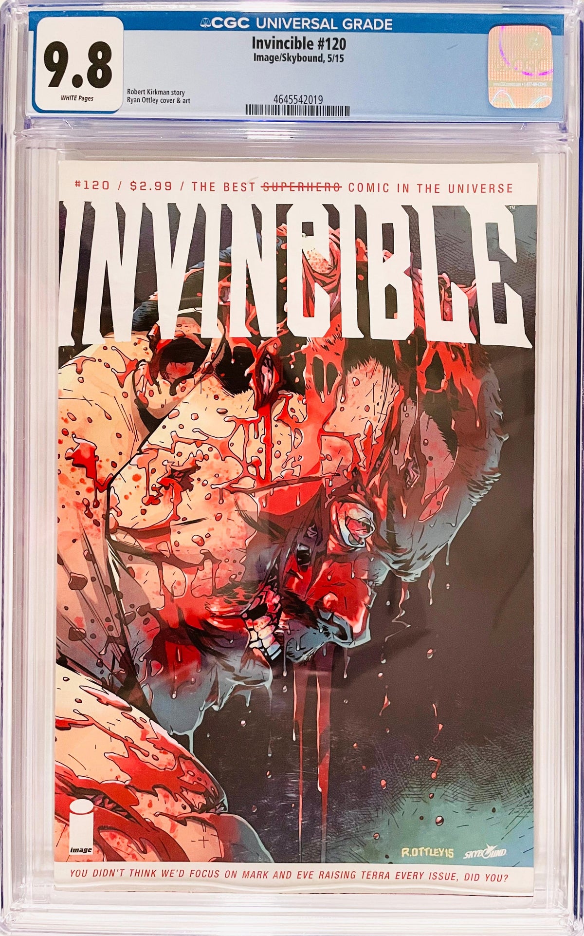 Invincible issue 120 CGC 9.8 graded comic slab featuring bloody battle-damaged cover art of Mark Grayson by Ryan Ottley.