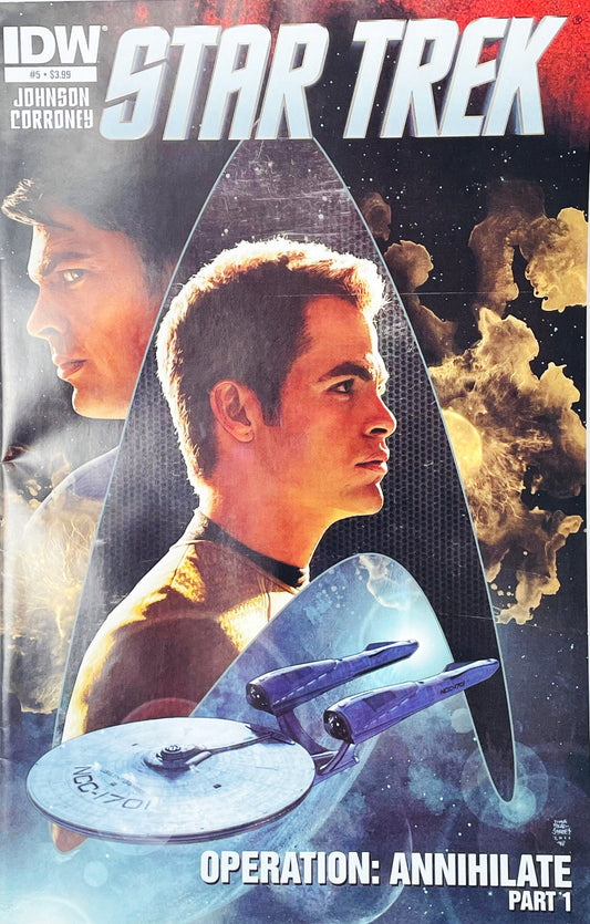 Star Trek issue 5 comic book featuring Tim Bradstreet cover art of Chris Pine Kirk and the USS Enterprise.