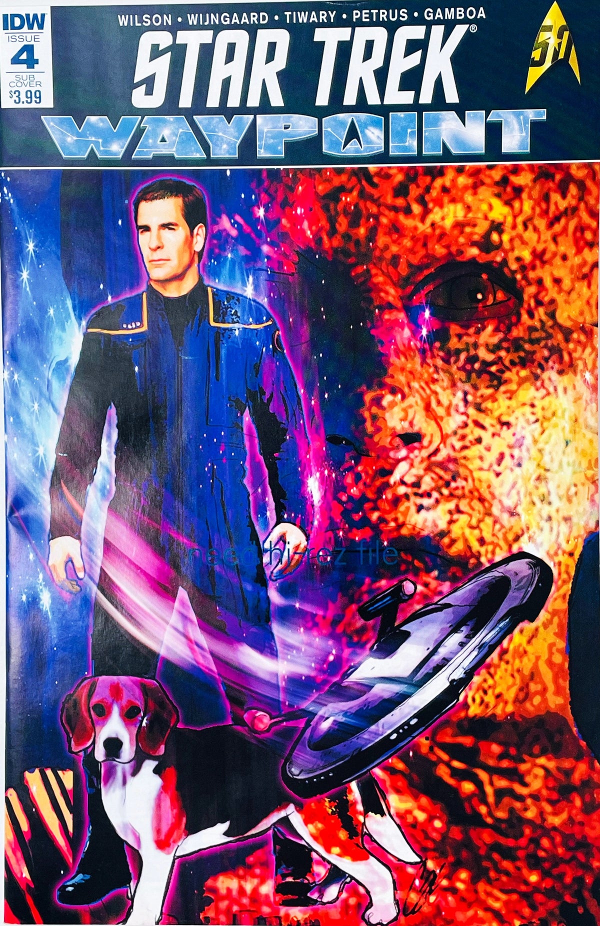 Star Trek Waypoint issue 4 comic book featuring Cat Staggs subscription cover art of Captain Archer, Porthos the beagle, and Enterprise NX-01.