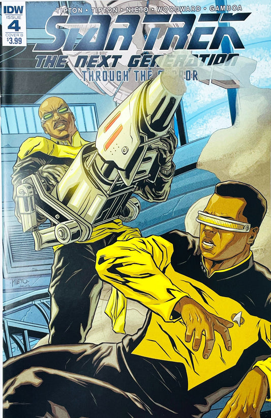 Nieto Cover B variant art of Mirror Geordi La Forge aiming a cannon at Prime Geordi.