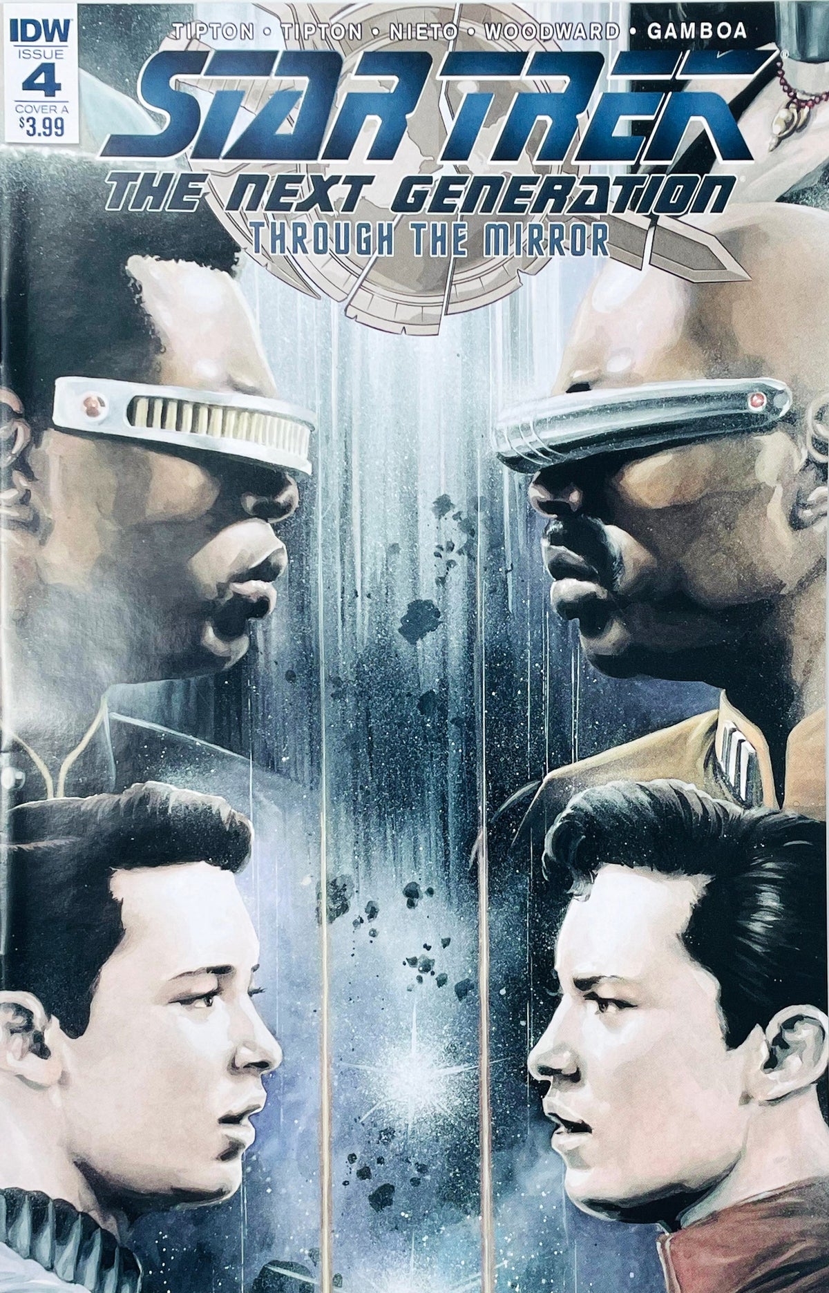 Star Trek The Next Generation Through The Mirror issue 4 comic book featuring J.K. Woodward Cover A painted art of Geordi La Forge and Data face to face with their mirror counterparts.