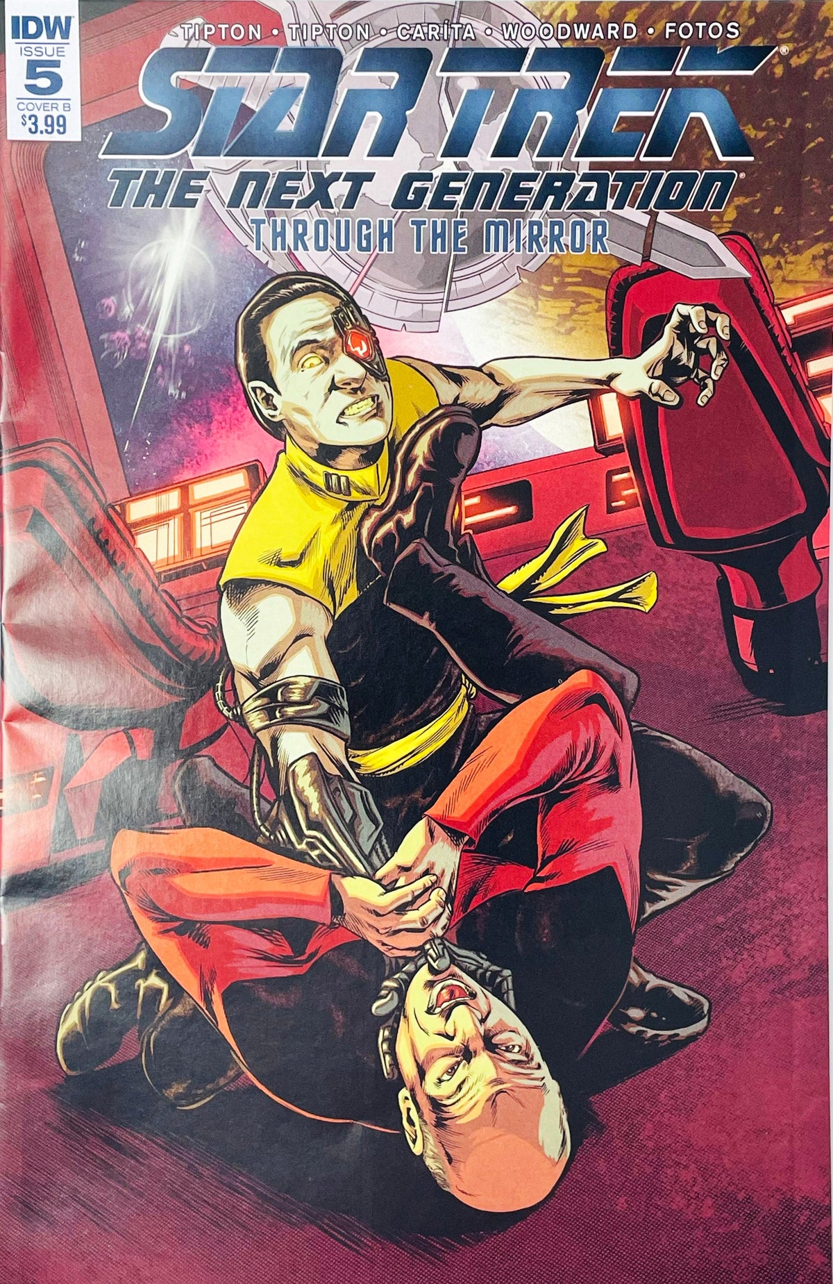 Star Trek The Next Generation Through The Mirror issue 5 comic book featuring Debora Carita Cover B variant art of Mirror Data fighting Captain Picard.