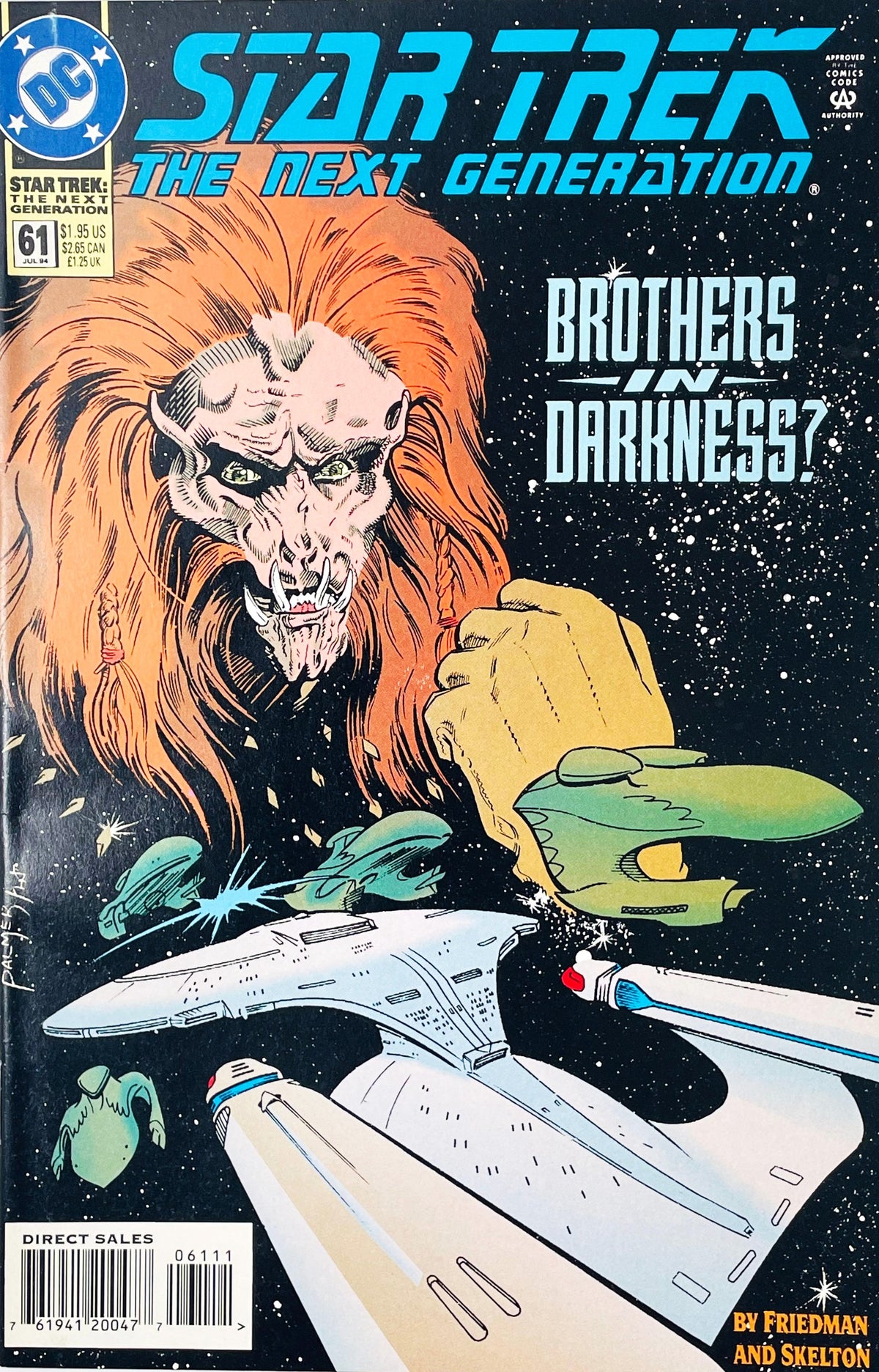 Star Trek The Next Generation issue 61 comic book published by DC Comics featuring Tom Palmer cover art of an alien holding a Romulan ship over the Enterprise.
