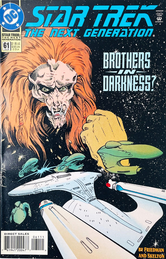 Star Trek The Next Generation issue 61 comic book published by DC Comics featuring Tom Palmer cover art of an alien holding a Romulan ship over the Enterprise.