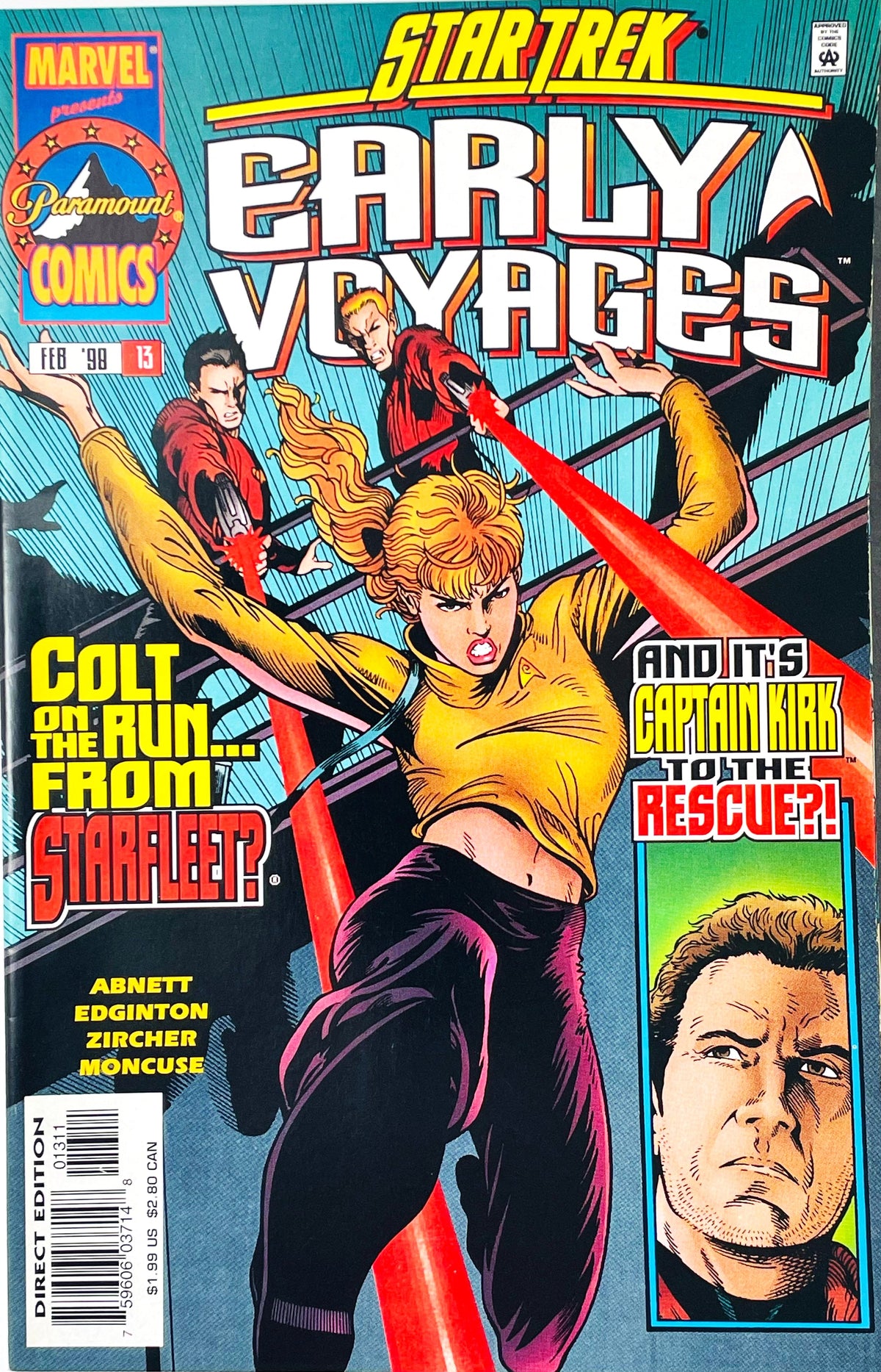 Star Trek Early Voyages issue 13 comic book published by Marvel Paramount Comics featuring Patrick Zircher cover art of Yeoman Colt dodging phaser blasts with Captain Kirk.
