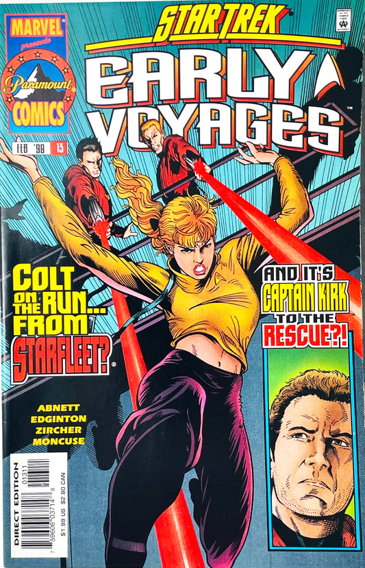 Star Trek Early Voyages issue 13 comic book published by Marvel Paramount Comics featuring Patrick Zircher cover art of Yeoman Colt dodging phaser blasts with Captain Kirk.