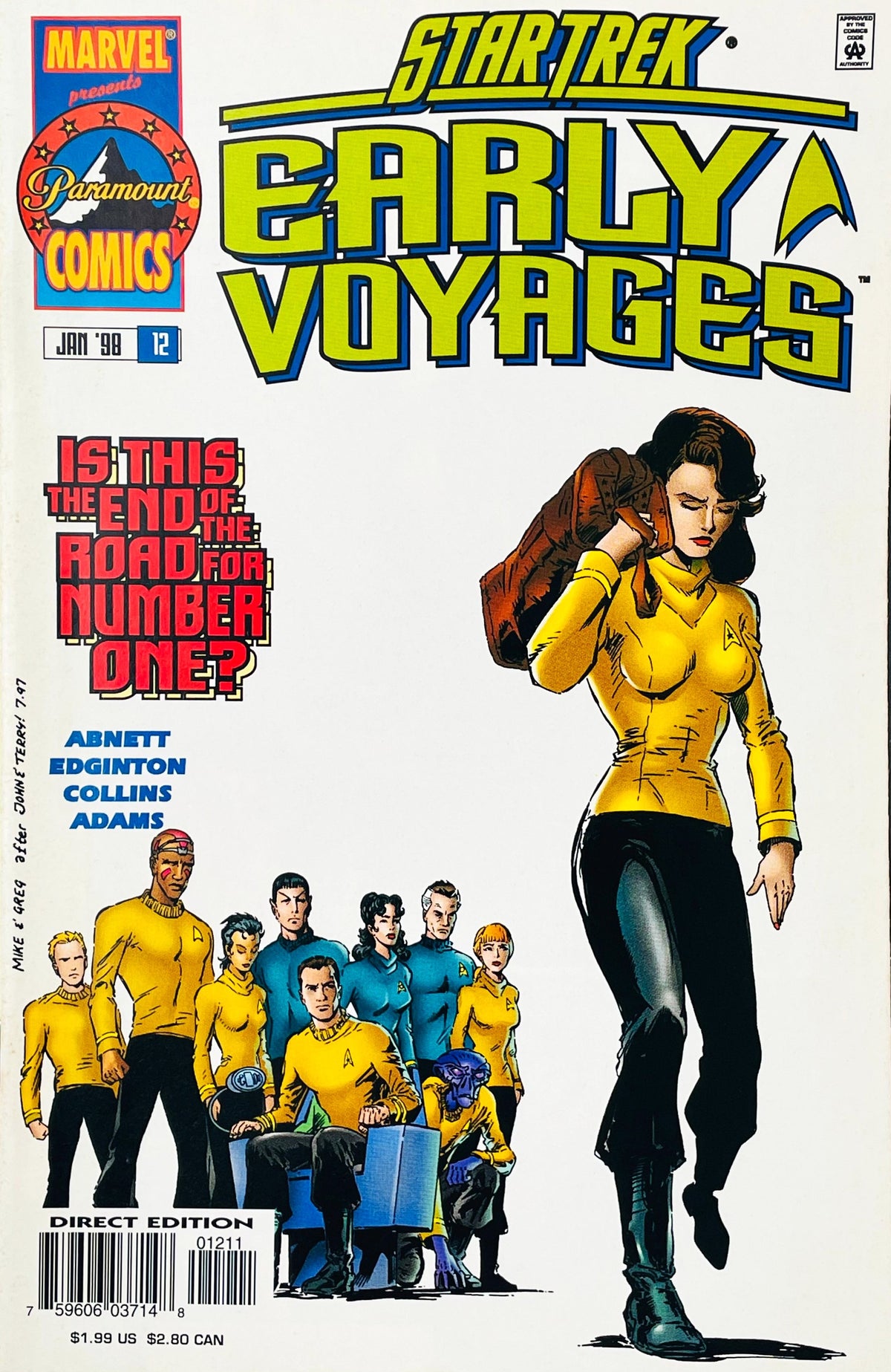 Star Trek Early Voyages issue 12 comic book published by Marvel Paramount Comics featuring cover art of Number One carrying a duffel bag away from Captain Pike and the Enterprise crew.