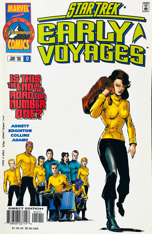 Star Trek Early Voyages issue 12 comic book published by Marvel Paramount Comics featuring cover art of Number One carrying a duffel bag away from Captain Pike and the Enterprise crew.