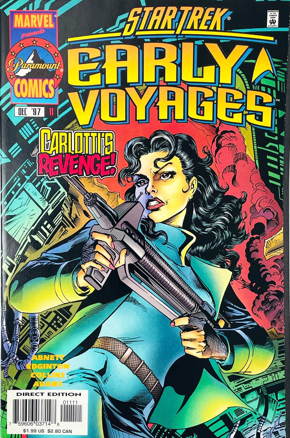 Star Trek Early Voyages issue 11 comic book published by Marvel Paramount Comics featuring Michael Collins cover art of Carla Carlotti holding a rifle with Carlotti's Revenge callout.