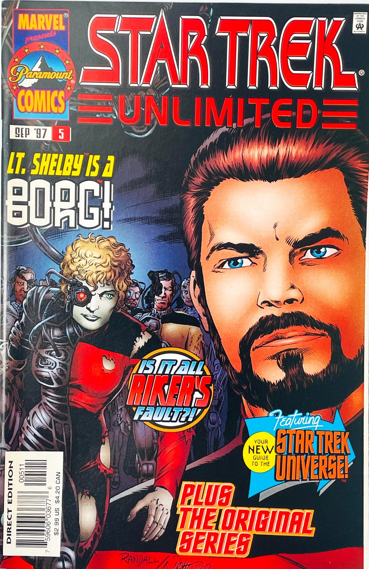Star Trek Unlimited issue 5 comic book published by Marvel Paramount Comics featuring Ron Randall cover art of Riker and an assimilated Borg Lt. Shelby.