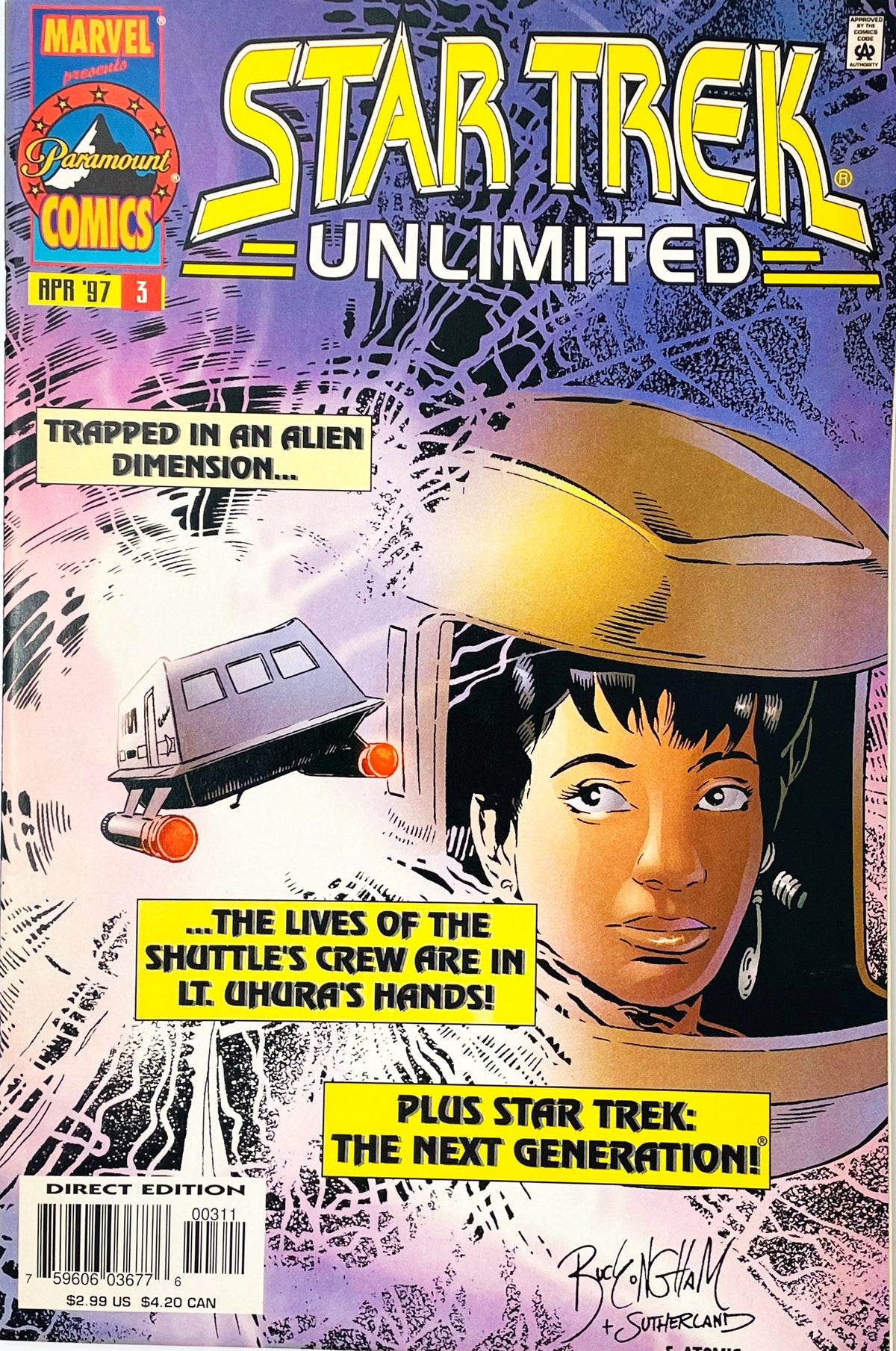Star Trek Unlimited issue 3 comic book published by Marvel Paramount Comics featuring Mark Buckingham cover art of Lt Uhura in a spacesuit with a shuttlecraft.