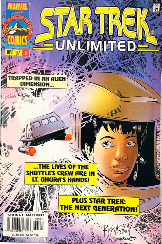 Star Trek Unlimited issue 3 comic book published by Marvel Paramount Comics featuring Mark Buckingham cover art of Lt Uhura in a spacesuit with a shuttlecraft.