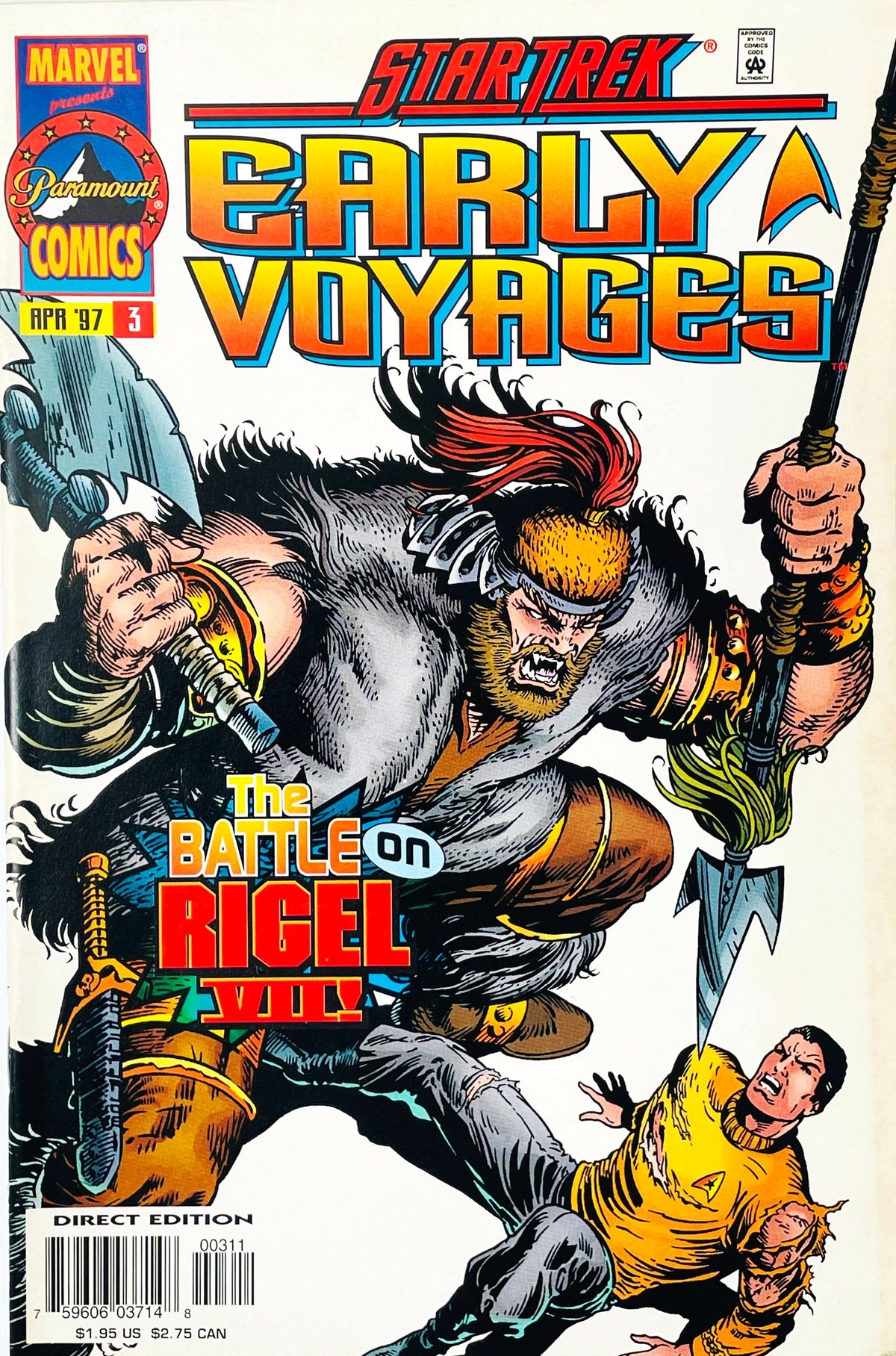 Star Trek Early Voyages issue 3 comic book published by Marvel Paramount Comics featuring Patrick Zircher cover art of a Kalar warrior attacking Captain Pike on Rigel VII.