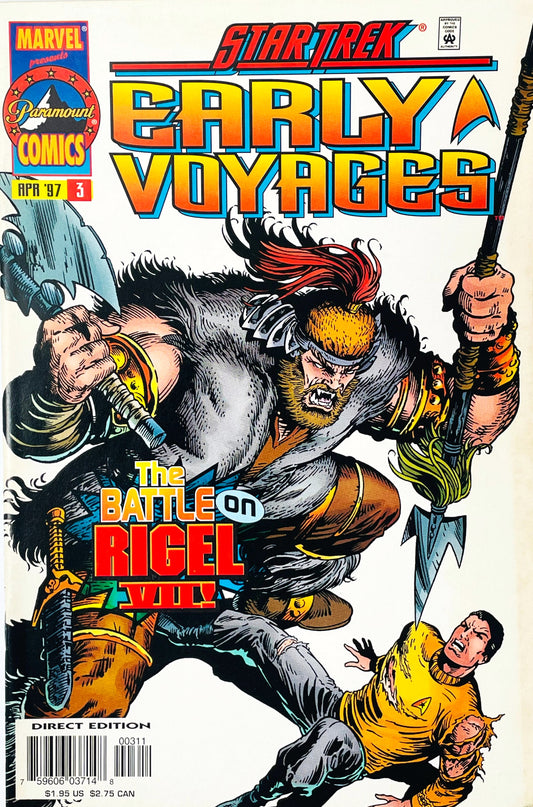Star Trek Early Voyages issue 3 comic book published by Marvel Paramount Comics featuring Patrick Zircher cover art of a Kalar warrior attacking Captain Pike on Rigel VII.