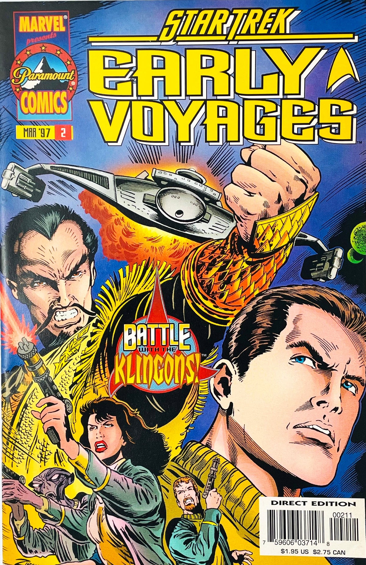 Star Trek Early Voyages issue 2 comic book published by Marvel Paramount Comics featuring Patrick Zircher cover art of Captain Pike and a Klingon commander holding a D7 battlecruiser.
