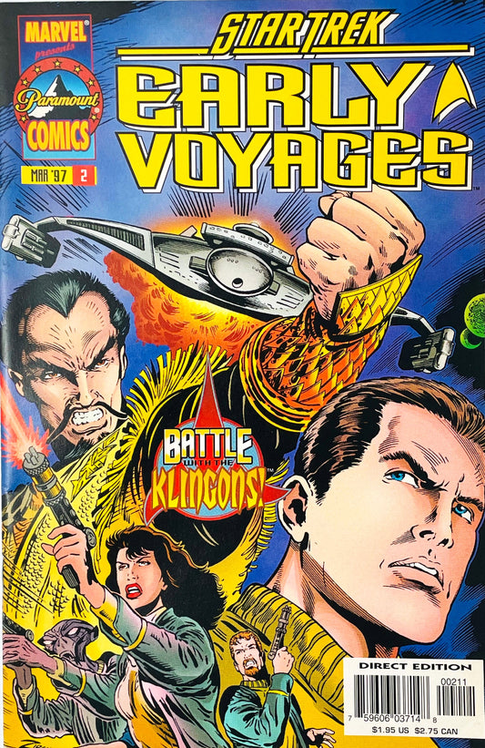 Star Trek Early Voyages issue 2 comic book published by Marvel Paramount Comics featuring Patrick Zircher cover art of Captain Pike and a Klingon commander holding a D7 battlecruiser.