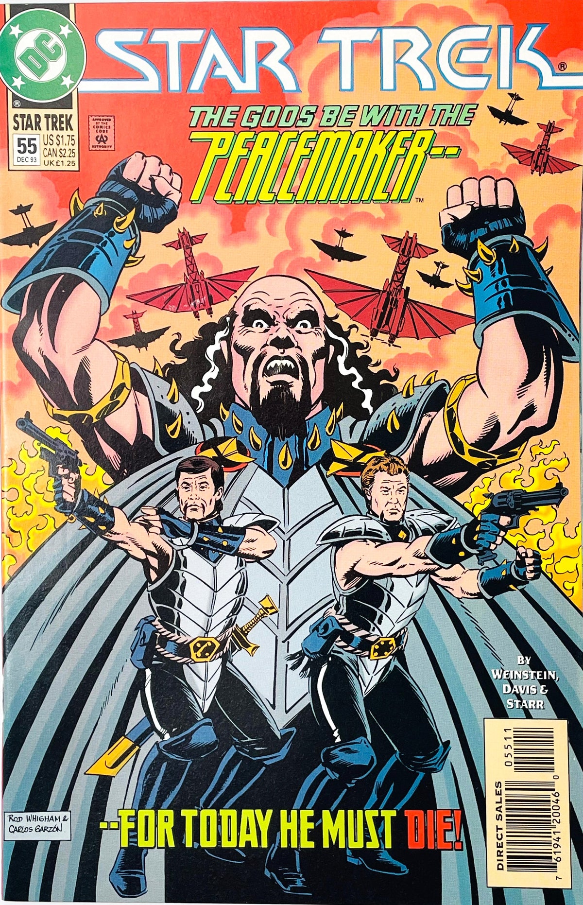 Star Trek volume 2 issue 55 comic book published by DC Comics featuring Rod Whigham cover art of Kirk and McCoy in armor with pistols below a giant alien warrior.