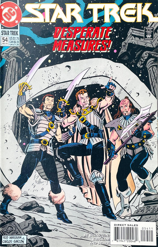 Star Trek volume 2 issue 54 comic book published by DC Comics featuring Rod Whigham cover art of Kirk, McCoy, and a Klingon warrior in gladiatorial armor holding swords and spears.
