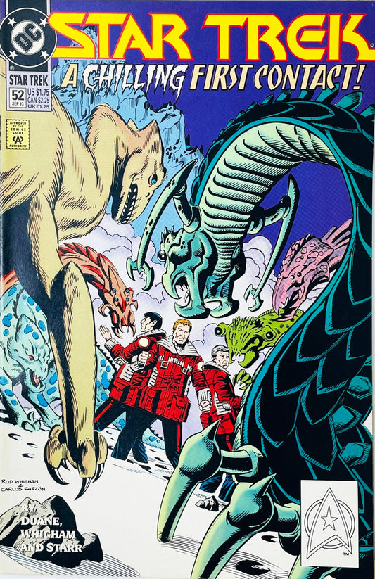 Star Trek volume 2 issue 52 comic book published by DC Comics featuring Rod Whigham cover art of Kirk, Spock, and Scotty in cold weather coats surrounded by alien monsters on an icy planet.