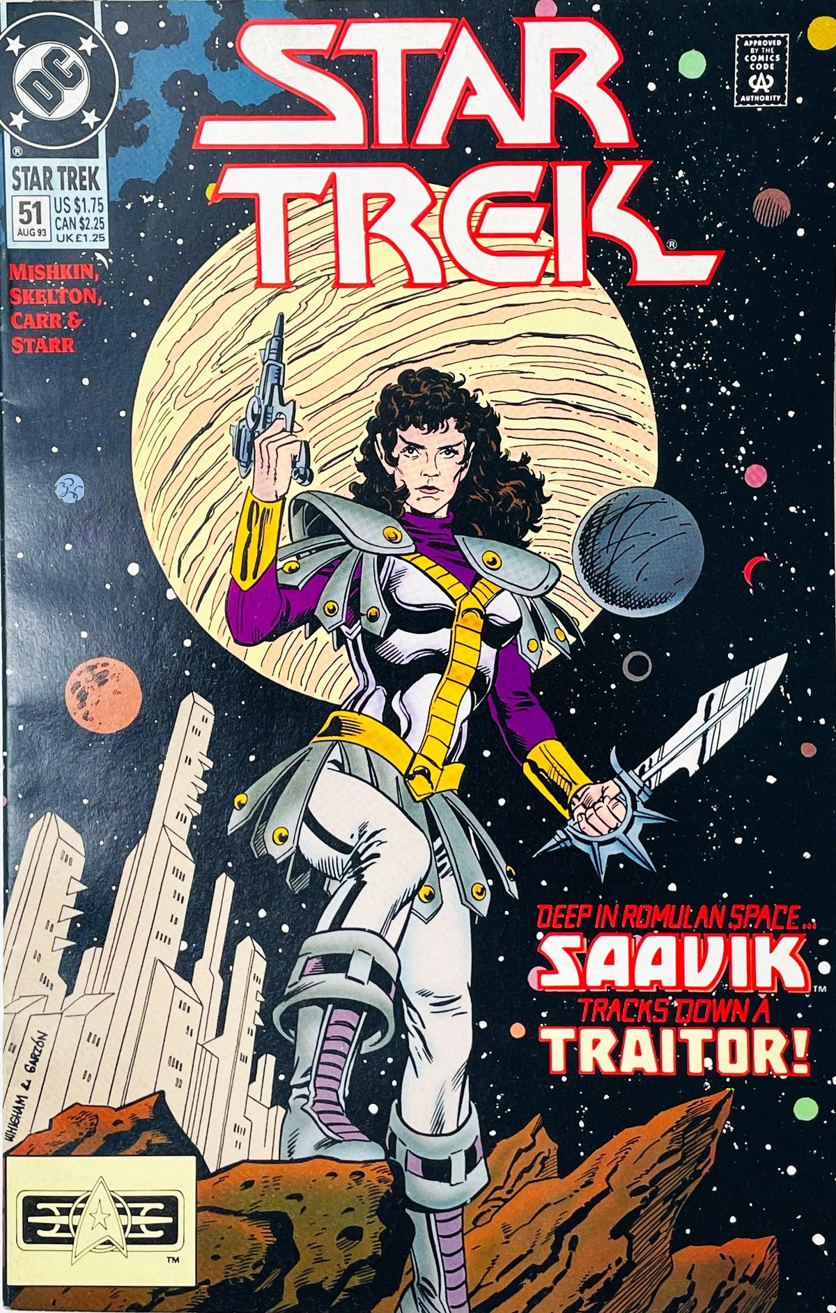 Star Trek volume 2 issue 51 comic book published by DC Comics featuring Rod Whigham cover art of Saavik in armor holding a phaser and sword in Romulan space.