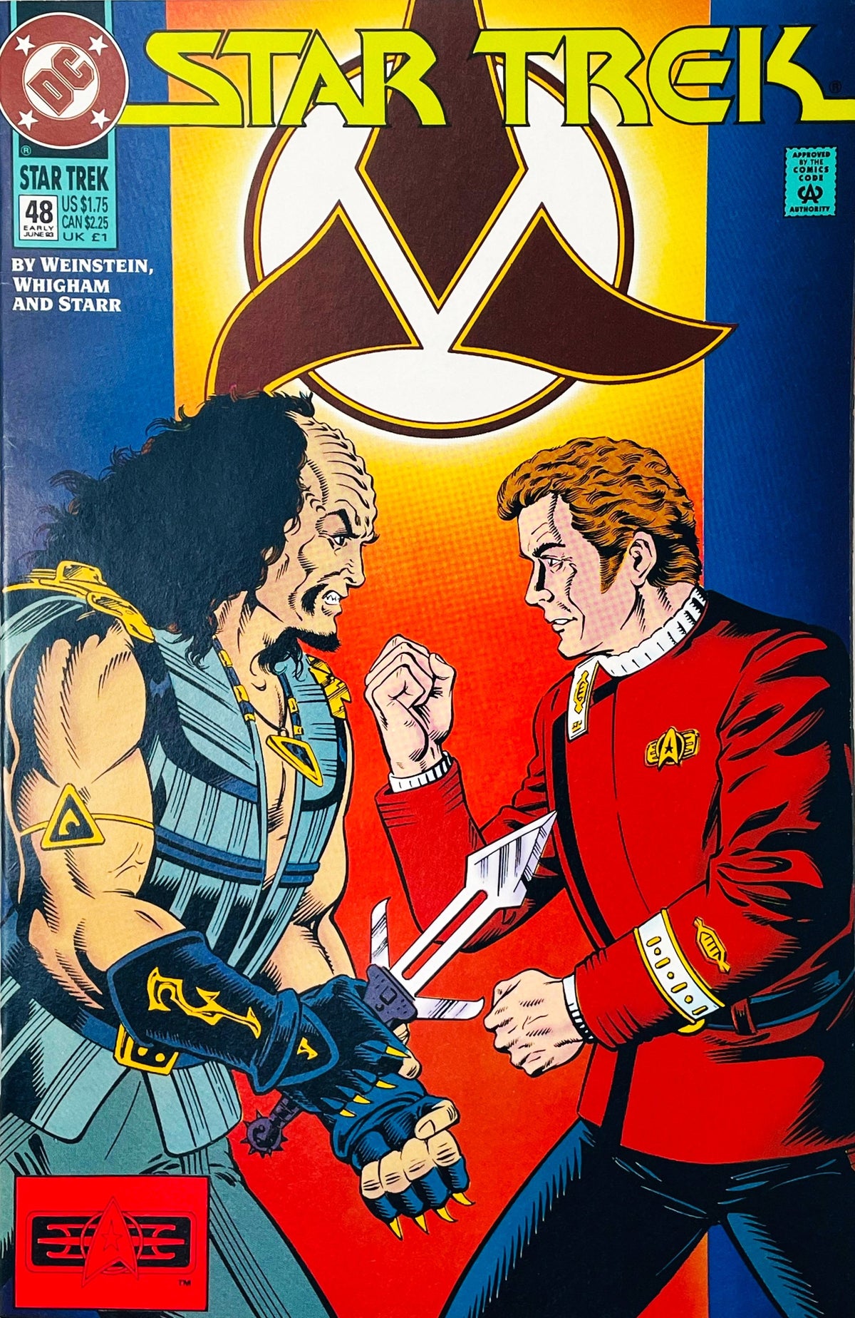 Star Trek volume 2 issue 48 comic book published by DC Comics featuring Rod Whigham cover art of Captain Kirk confronting a Klingon warrior with a knife against a Klingon logo background.