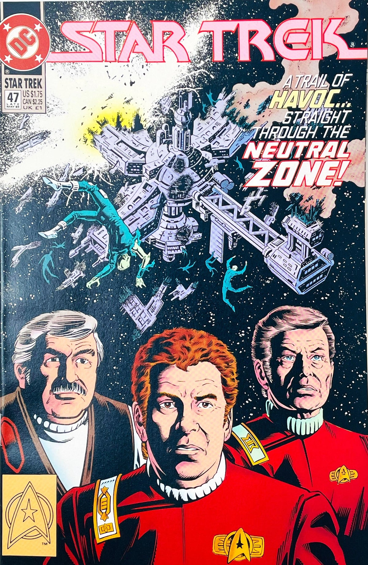 Star Trek volume 2 issue 47 comic book published by DC Comics featuring Rod Whigham cover art of Kirk, Scotty, and McCoy above a destroyed space station in the Neutral Zone.