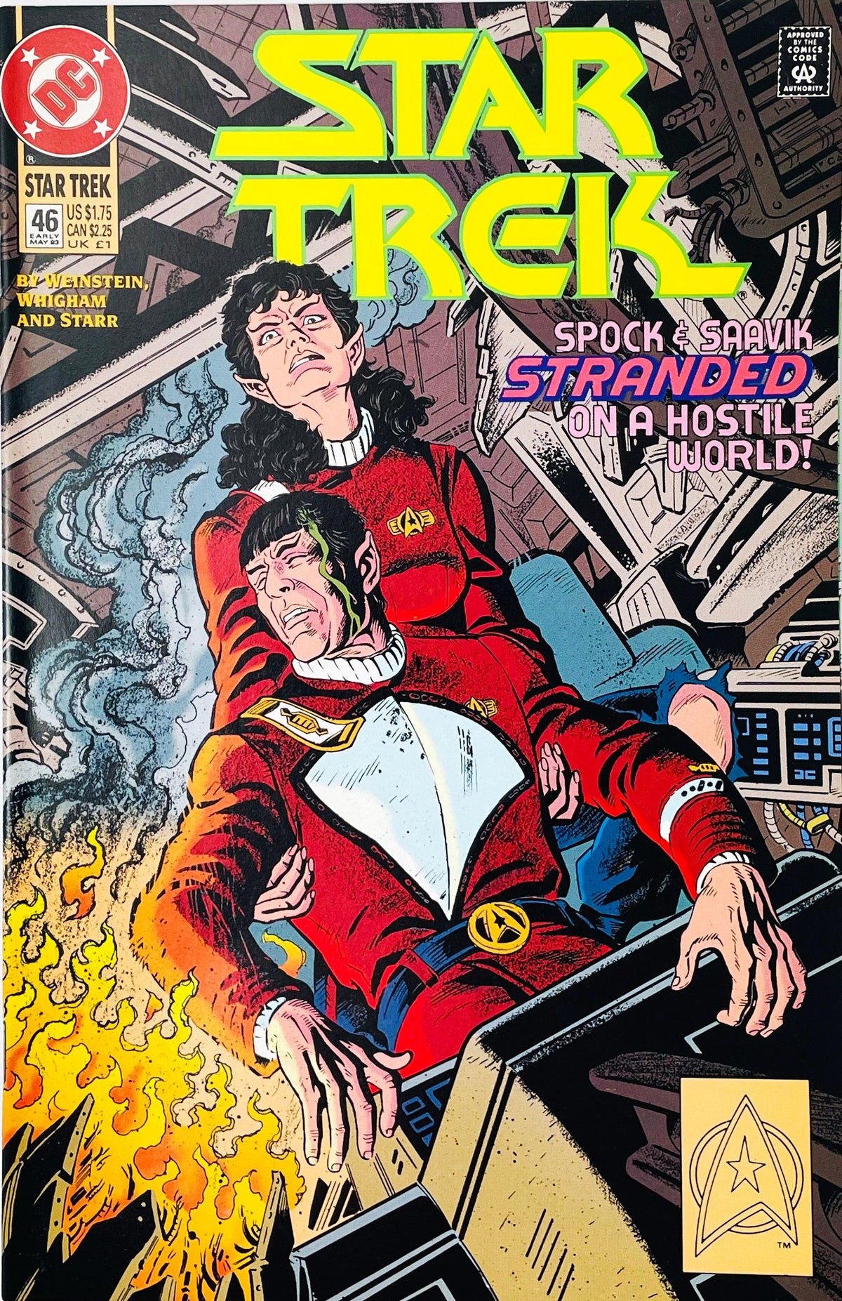 Star Trek volume 2 issue 46 comic book published by DC Comics featuring Rod Whigham cover art of Saavik cradling an injured Mr. Spock inside a burning crashed shuttlecraft.