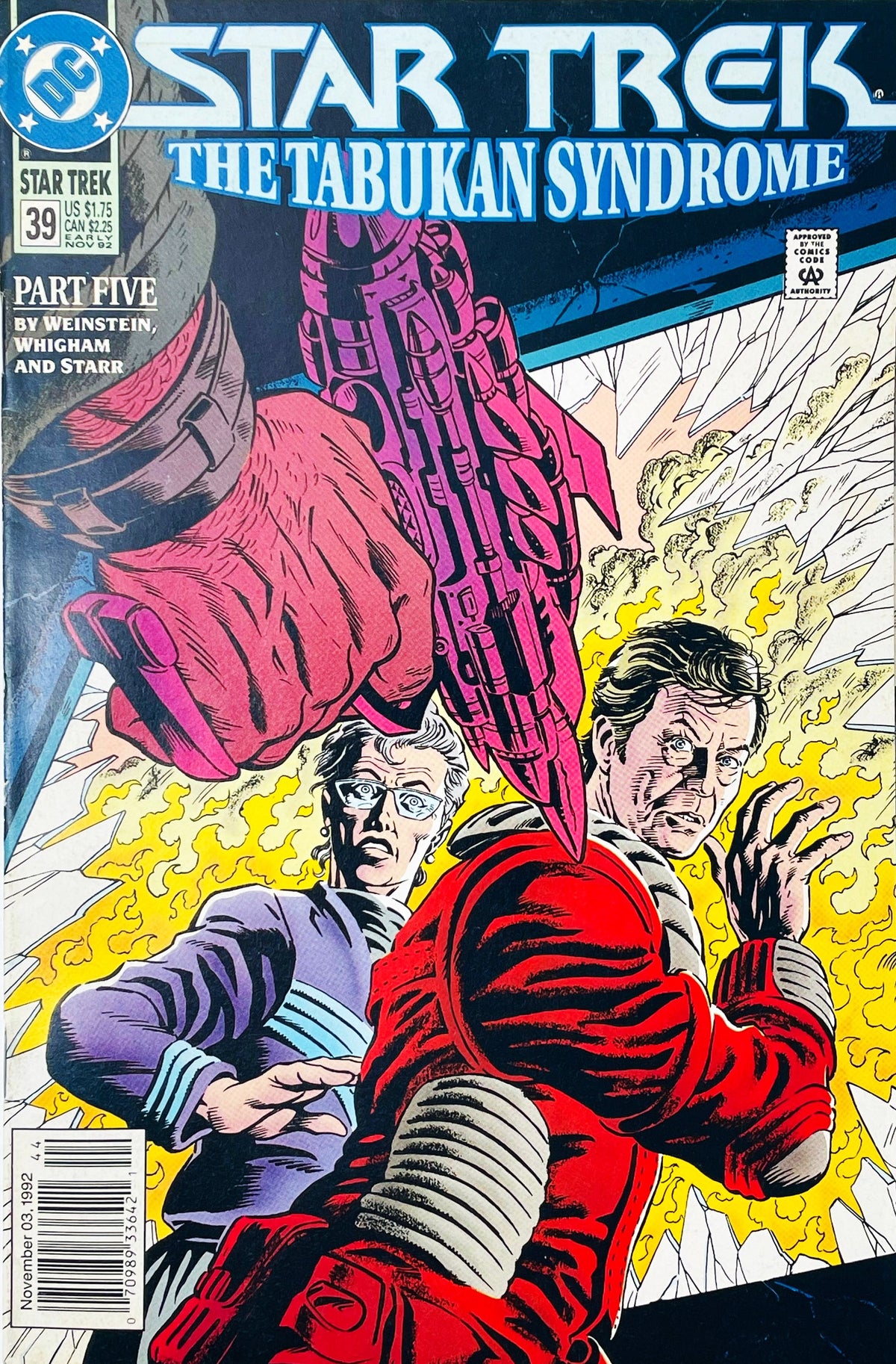 Star Trek volume 2 issue 39 comic book published by DC Comics featuring Rod Whigham cover art of Dr. McCoy running from a giant alien hand holding a laser weapon.