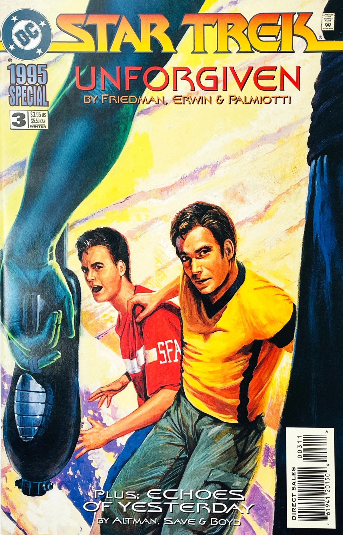 Star Trek Special issue 3 comic book published by DC Comics featuring painted cover art of a young James T. Kirk and a Starfleet Academy cadet below a figure holding a phaser.