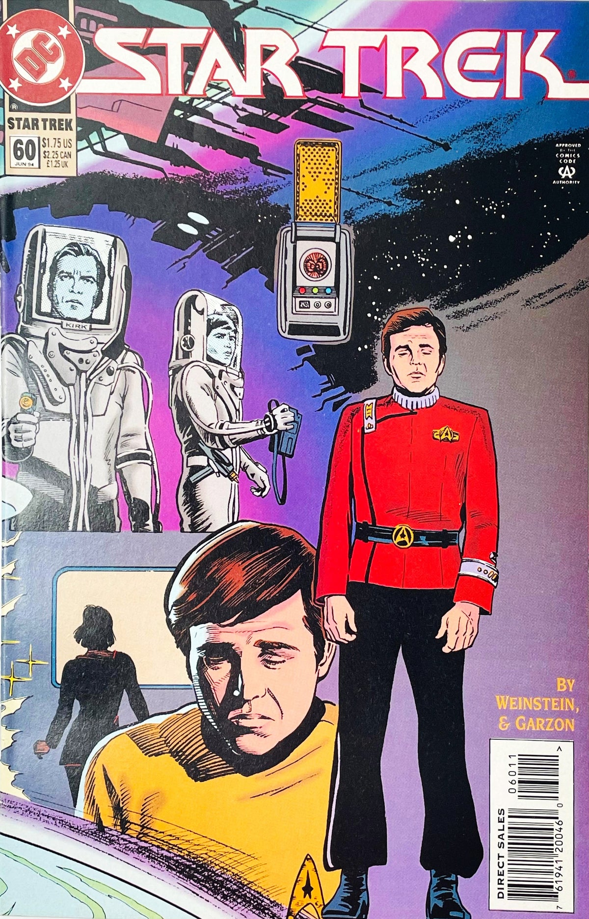 Star Trek volume 2 issue 60 comic book published by DC Comics featuring Carlos Garzón cover art with a collage of Pavel Chekov in various Starfleet uniforms and spacesuits.