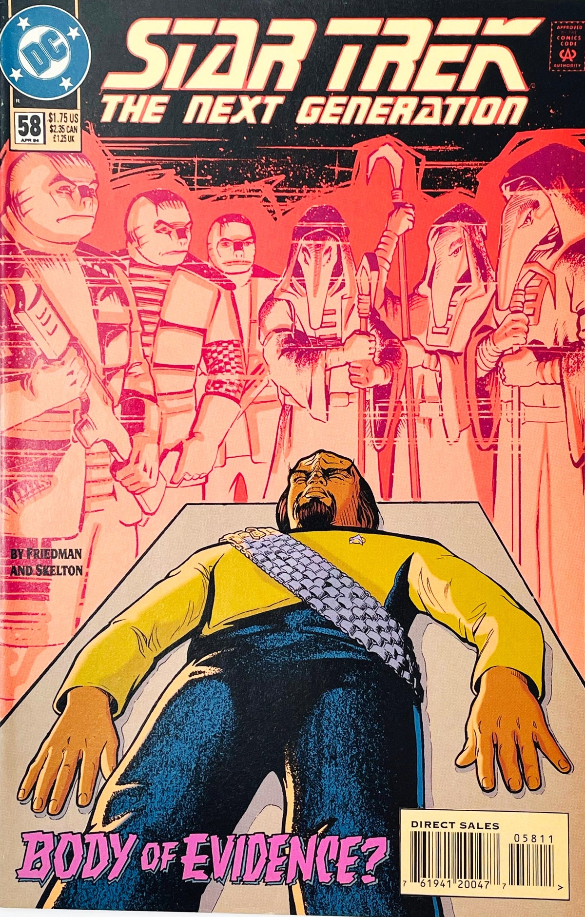 Star Trek The Next Generation volume 2 issue 58 comic book published by DC Comics featuring Peter Skelton cover art of Lieutenant Worf lying on a table surrounded by glowing red alien silhouettes.