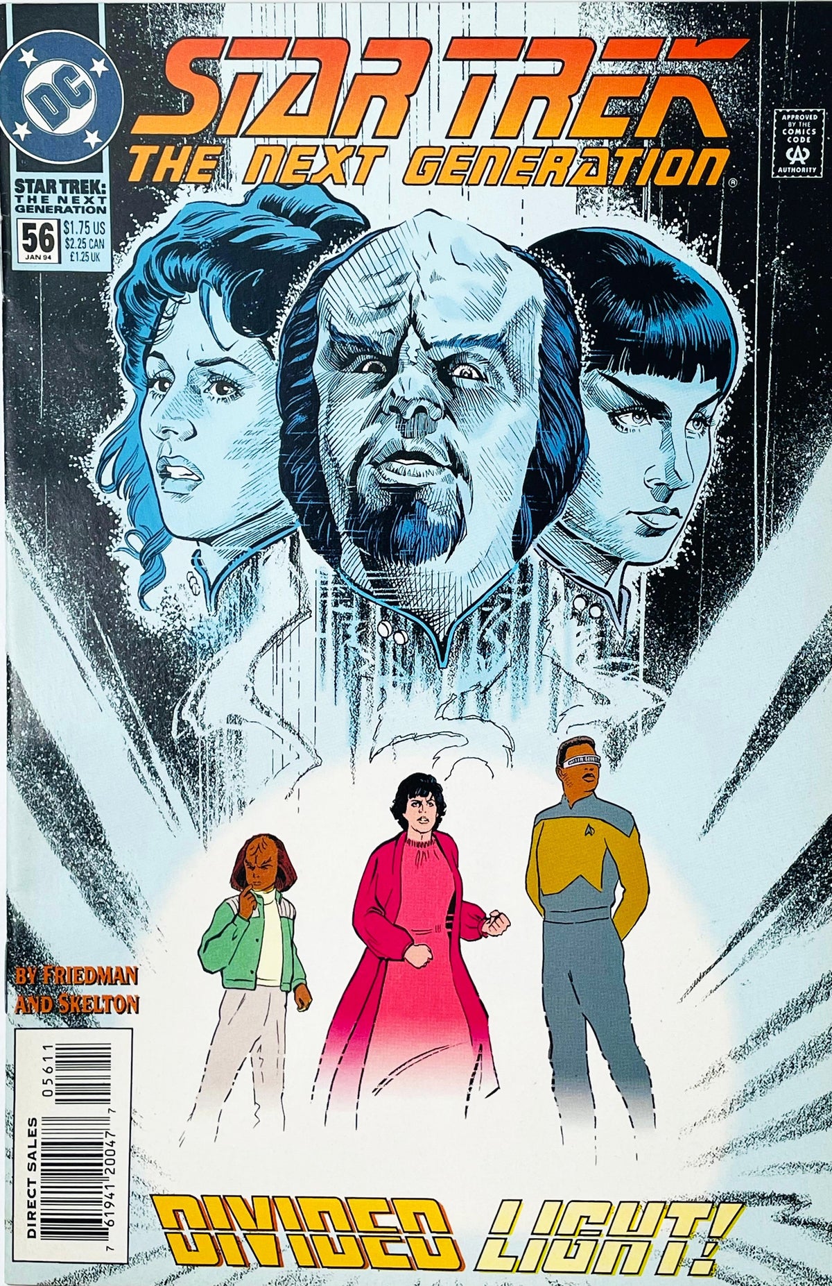 Star Trek The Next Generation volume 2 issue 56 comic book published by DC Comics featuring Peter Skelton cover art of Deanna Troi, Worf, and Ro Laren ethereal heads above Geordi La Forge.