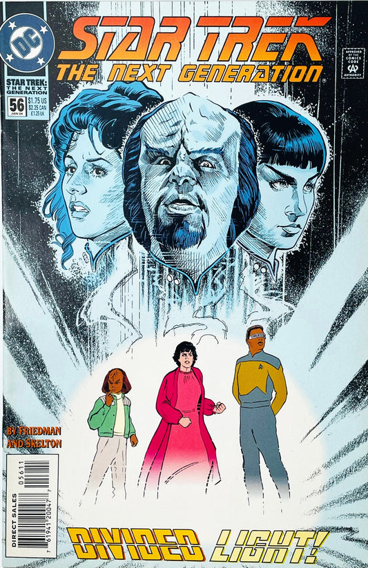 Star Trek The Next Generation volume 2 issue 56 comic book published by DC Comics featuring Peter Skelton cover art of Deanna Troi, Worf, and Ro Laren ethereal heads above Geordi La Forge.
