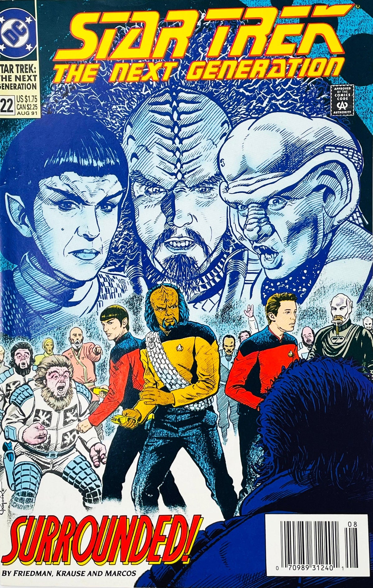 Star Trek The Next Generation volume 2 issue 22 comic book published by DC Comics featuring Pablo Marcos cover art of Lieutenant Worf and Enterprise crew members surrounded by alien figures.