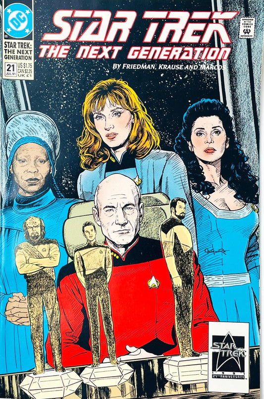 Star Trek The Next Generation volume 2 issue 21 comic book published by DC Comics featuring Jerome K. Moore cover art of Guinan, Beverly Crusher, Deanna Troi, and Jean-Luc Picard.