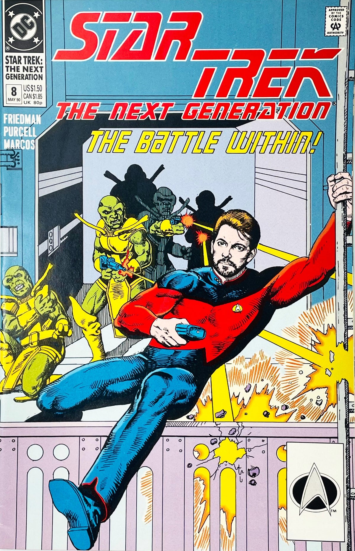 Star Trek The Next Generation volume 2 issue 8 comic book published by DC Comics featuring Gordon Purcell cover art of Commander William Riker in a phaser shootout with alien warriors.